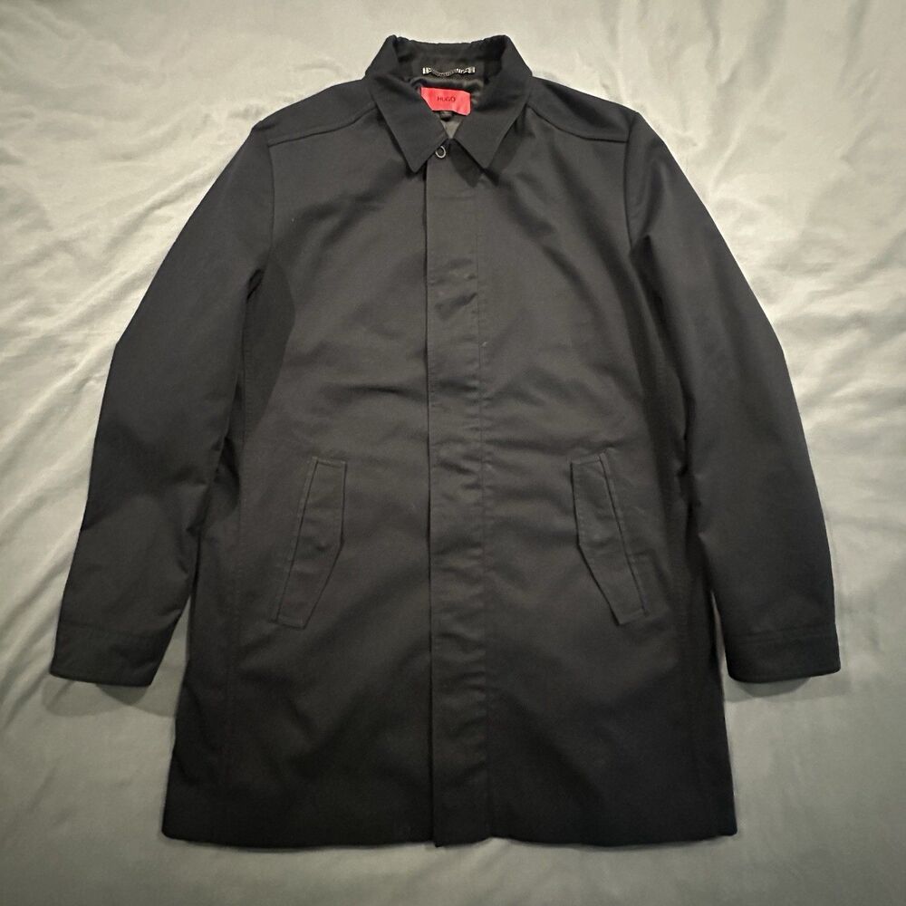 Hugo Boss Trench Coat Mens 42R Black Cotton Full Zip Button Jacket Red Label